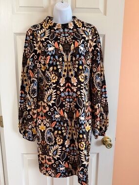 Boden Black Floral Paisley Shift Dress with Blue and Peach Accents